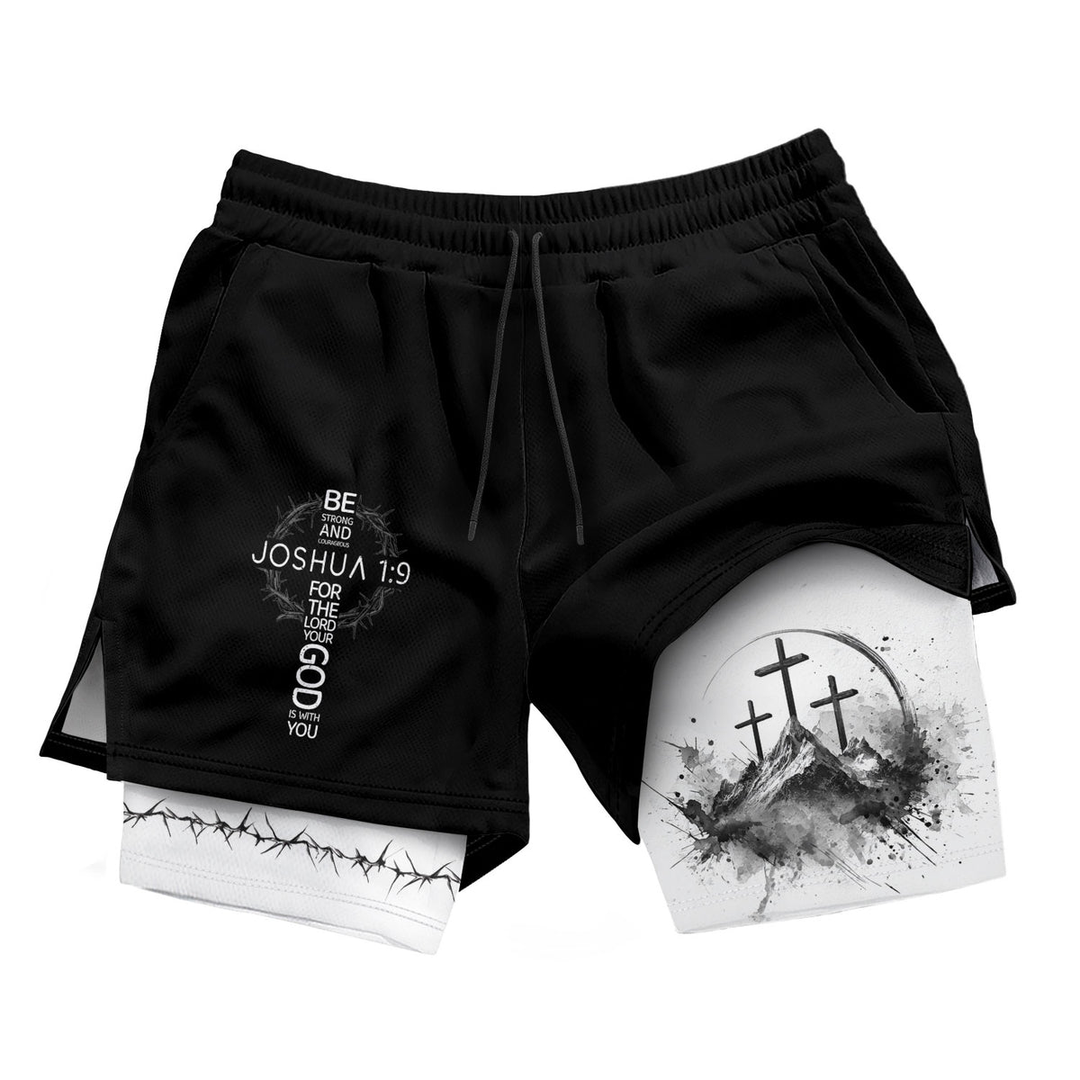 Joshua 1:9 Three Crosses Christian Gym Shorts Faith Over Fear - Rust Field Wear