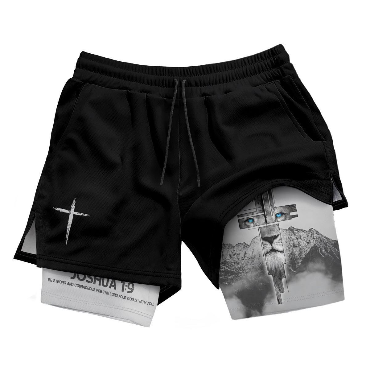 Joshua 1:9 Lion Cross Mountain Christian Gym Shorts Faith Strength - Rust Field Wear
