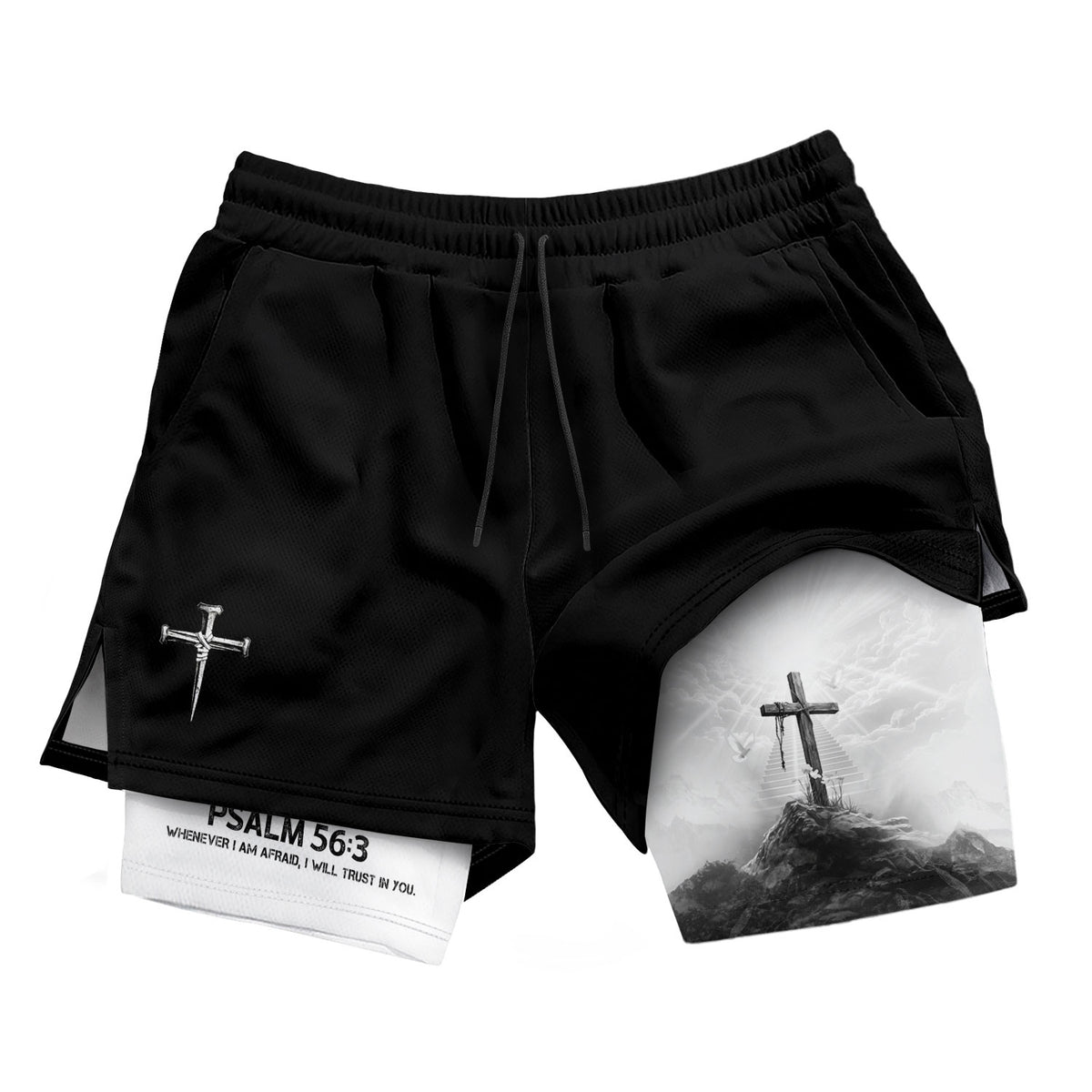 Psalm 56:3 Cross on the Mountain Christian Gym Shorts - Rust Field Wear