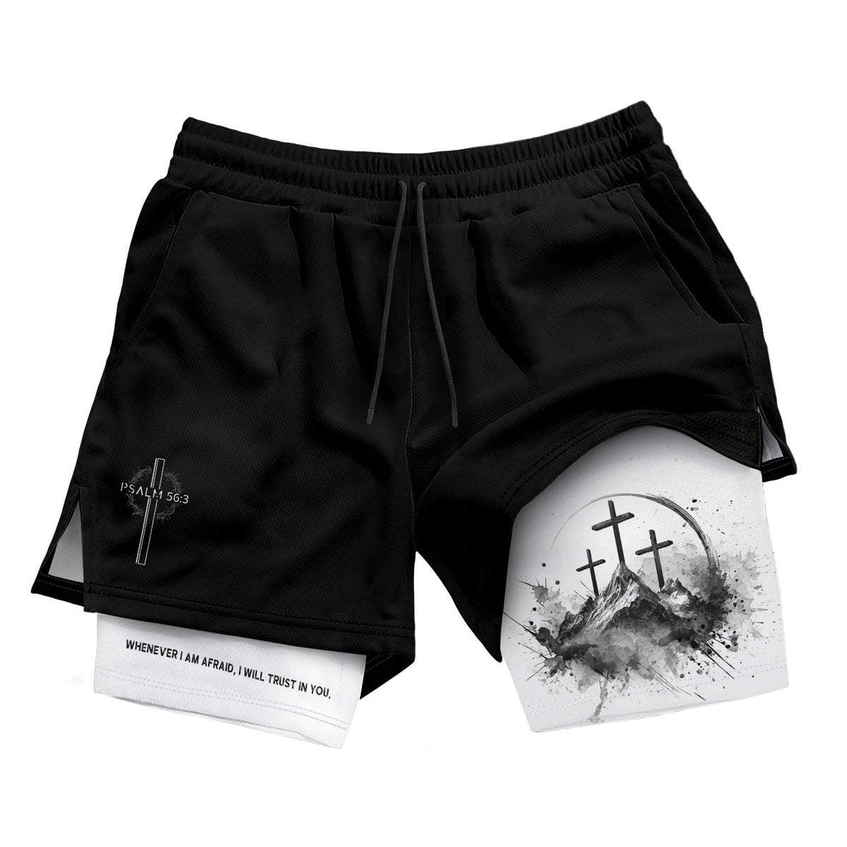 Psalm 56:3 Three Crosses Christian Gym Shorts Faith Over Fear - Rust Field Wear