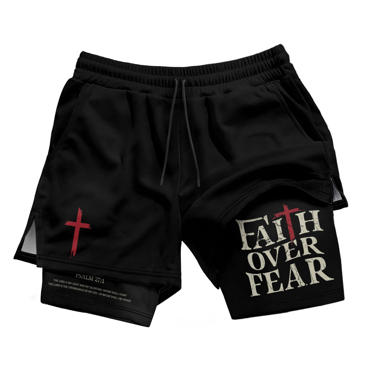 Faith Over Fear Christian Gym Shorts for Men Psalm 27:1 Red Cross - Rust Field Wear