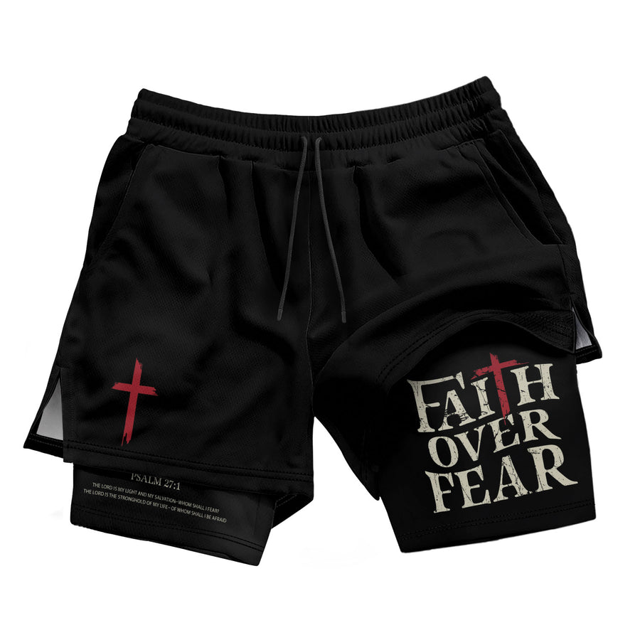Faith Over Fear Christian Gym Shorts for Men Psalm 27:1 Red Cross