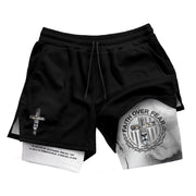 Faith Over Fear Christian Gym Shorts for Men Psalm 27:1 Armor Cross Lion - Rust Field Wear