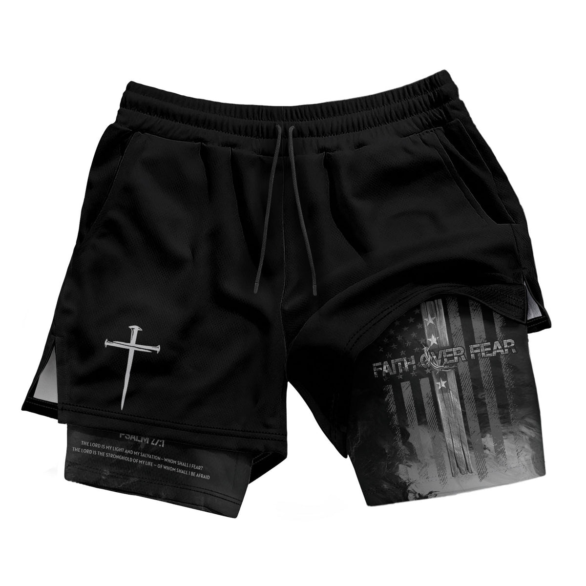 Faith Over Fear Christian Gym Shorts for Men Psalm 27:1 American Flag Cross - Rust Field Wear