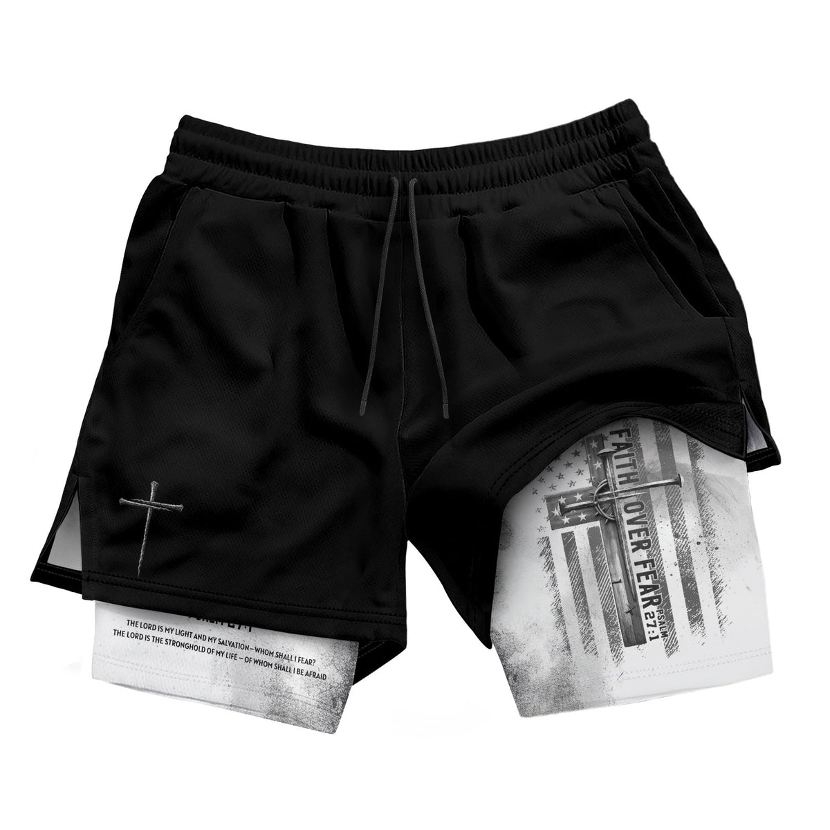 Faith Over Fear Christian Gym Shorts for Men Psalm 27:1 White Flag Cross - Rust Field Wear