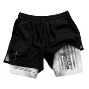 Faith Over Fear Christian Gym Shorts for Men Psalm 27:1 White Flag Cross - Rust Field Wear