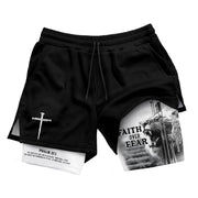 Faith Over Fear Christian Gym Shorts Psalm 27:1 Lion Cross - Rust Field Wear