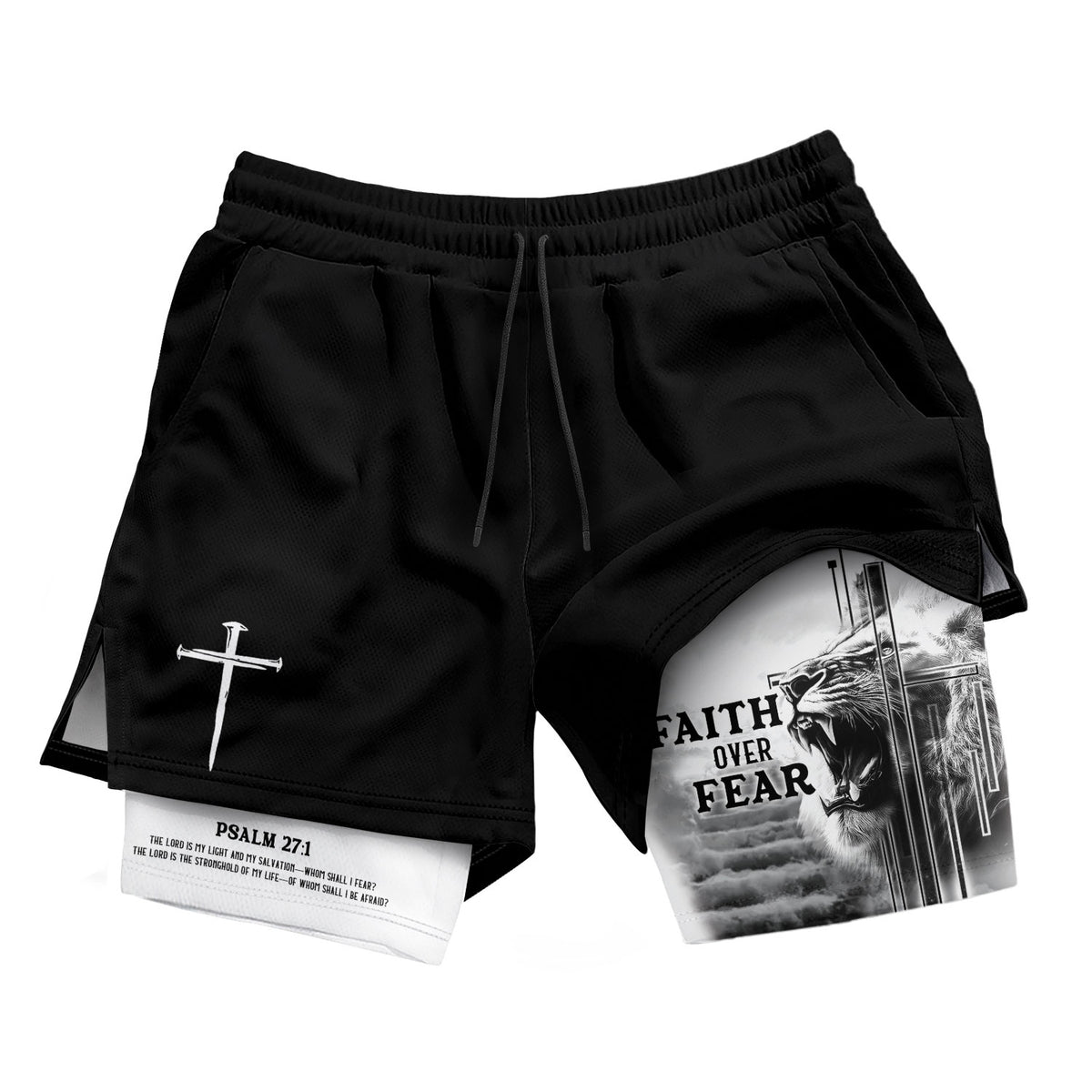 Faith Over Fear Christian Gym Shorts Psalm 27:1 Lion Cross - Rust Field Wear