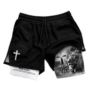 Faith Over Fear Psalm 27:1 Lion Cross Christian Gym Shorts - Rust Field Wear