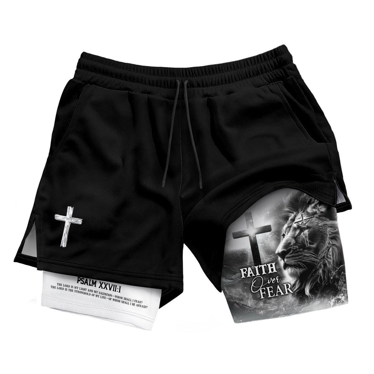 Faith Over Fear Psalm 27:1 Lion Cross Christian Gym Shorts - Rust Field Wear