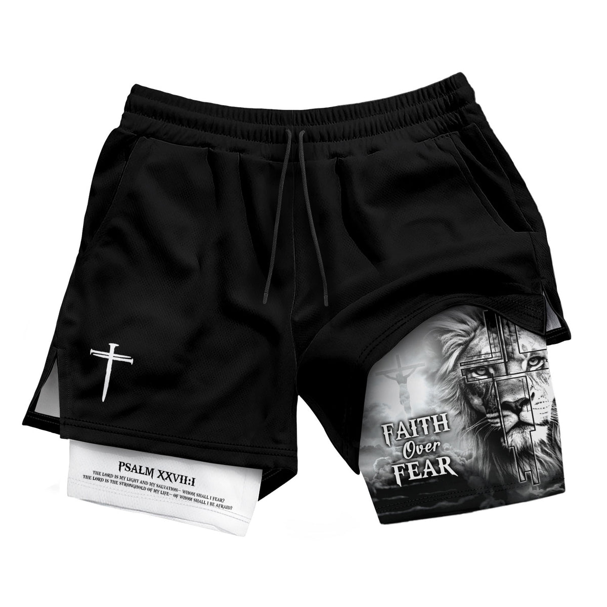 Faith Over Fear Psalm 27:1 Lion Cross Design Christian Gym Shorts - Rust Field Wear