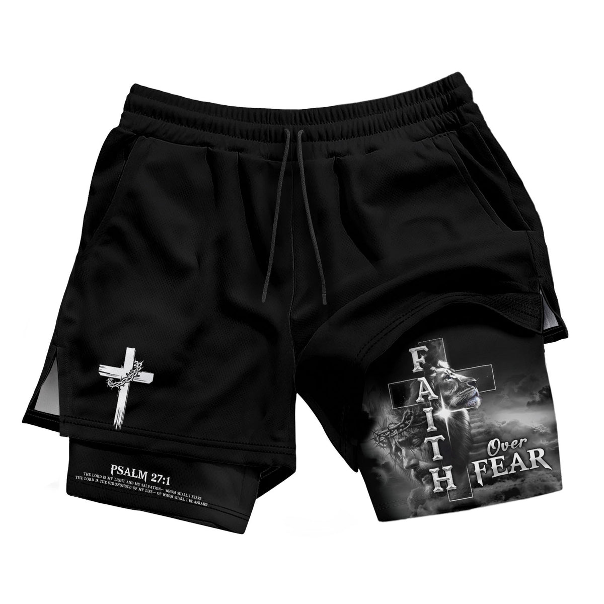 Faith Over Fear Psalm 27:1 Lion Cross Christian Gym Shorts for Men - Rust Field Wear