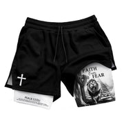 Faith Over Fear Christian Gym Shorts for Men Jesus Cross Bible Verse - Rust Field Wear