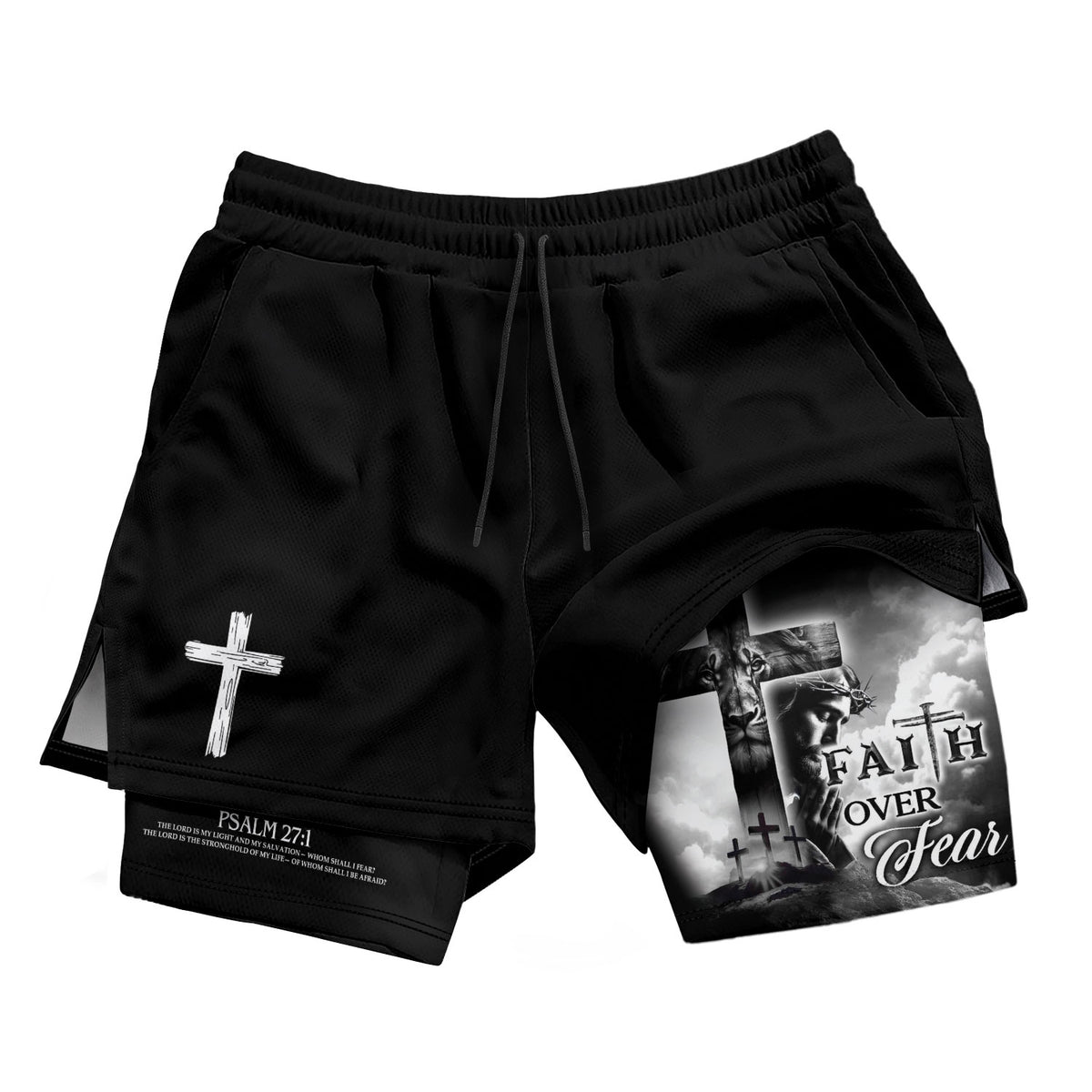 Faith Over Fear Christian Gym Shorts for Men Psalm 27:1 Cross of Jesus - Rust Field Wear
