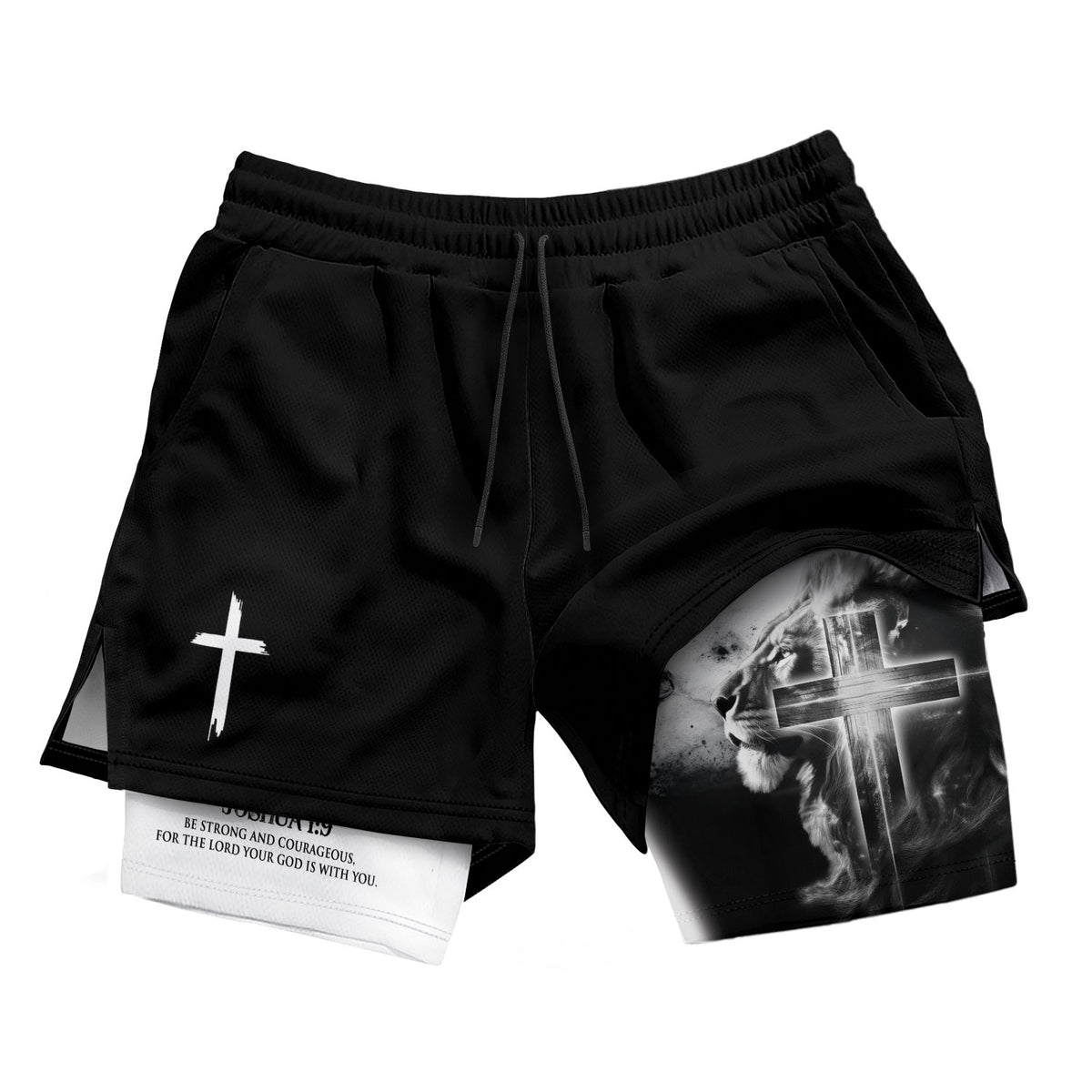 Joshua 1:9 Christian Gym Shorts for Men Lion Cross Bible Verse - Rust Field Wear