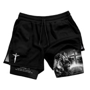 Joshua 1:9 Christian Gym Shorts for Men Lion Cross Crucifix Design - Rust Field Wear