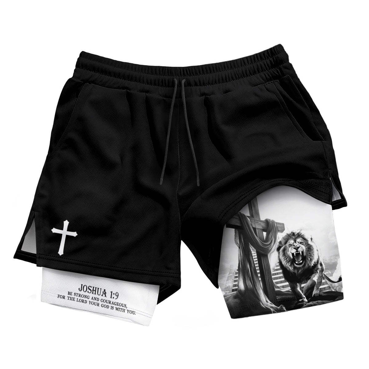 Joshua 1:9 Christian Gym Shorts for Men Lion Cross Courage Design - Rust Field Wear