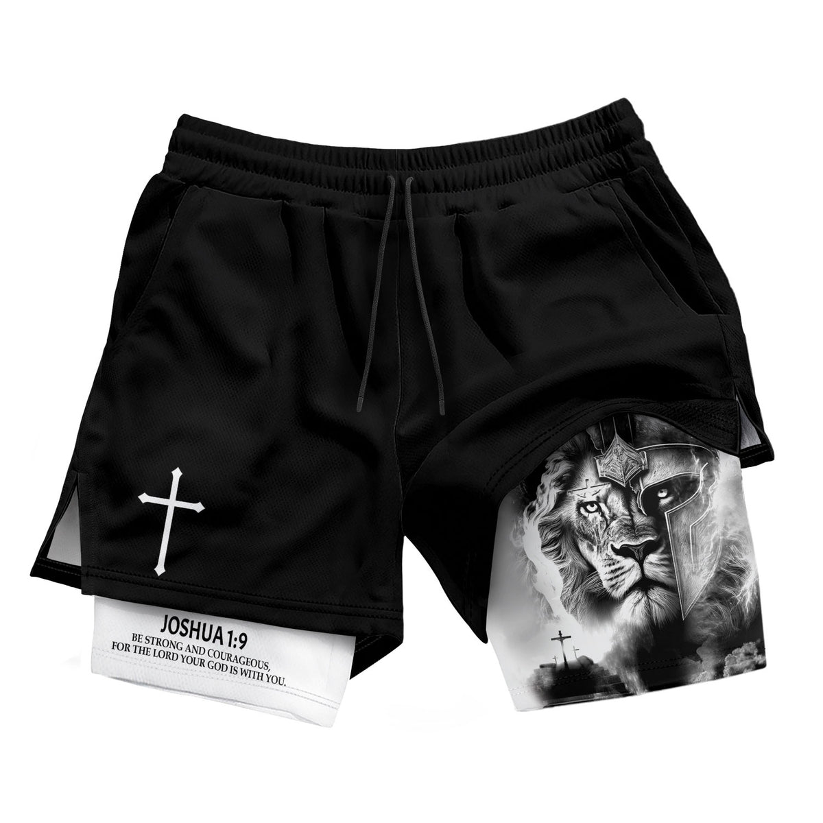Joshua 1:9 Christian Gym Shorts for Men Lion Warrior Cross Design - Rust Field Wear