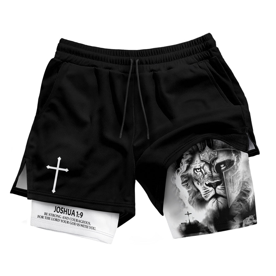 Joshua 1:9 Christian Gym Shorts for Men Lion Warrior Cross Design