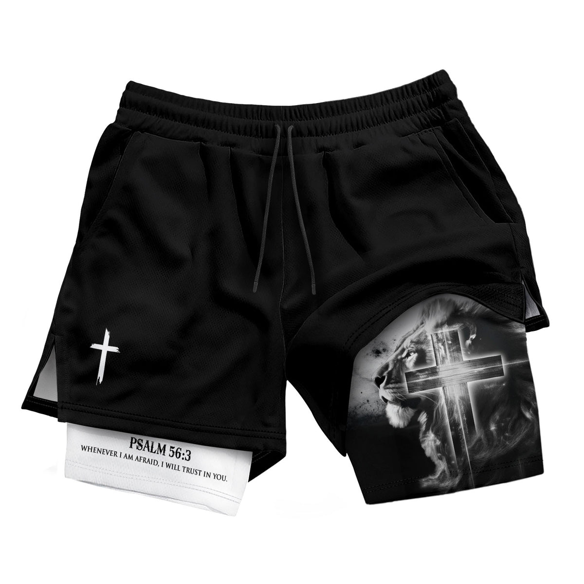 Psalm 56:3 Christian Gym Shorts for Men Lion Cross Faith Design - Rust Field Wear