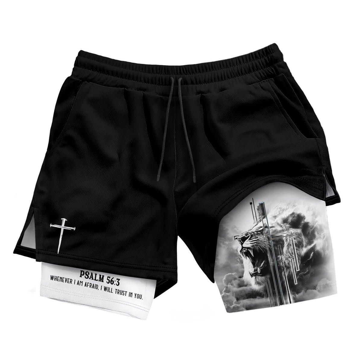 Psalm 56:3 Christian Gym Shorts for Men Fearless Lion Cross Design - Rust Field Wear