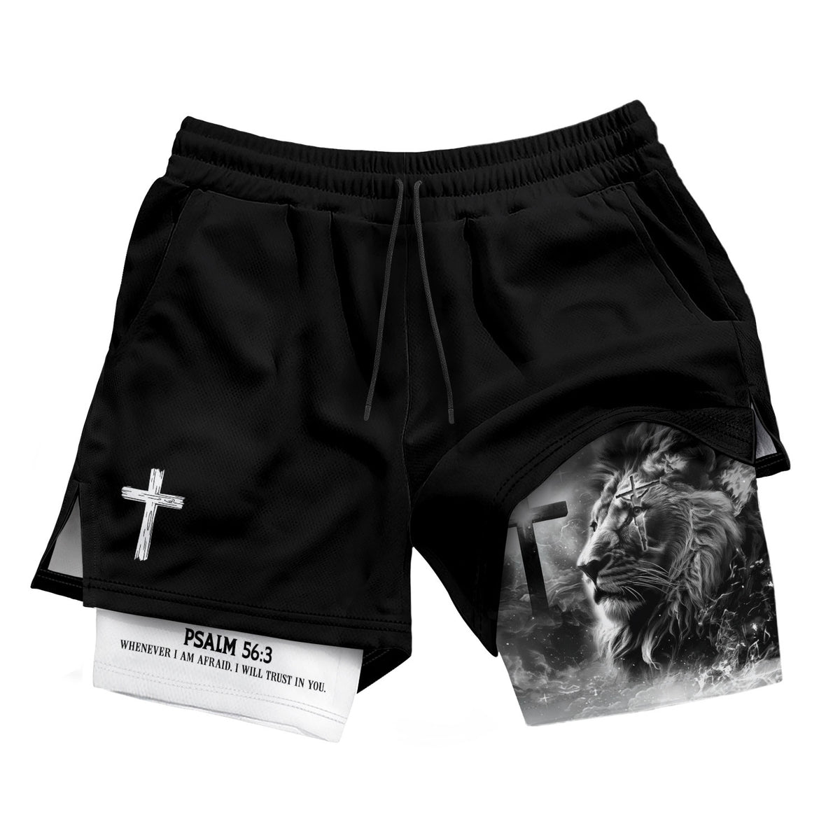 Psalm 56:3 Christian Gym Shorts for Men Lion of Judah Cross Design - Rust Field Wear