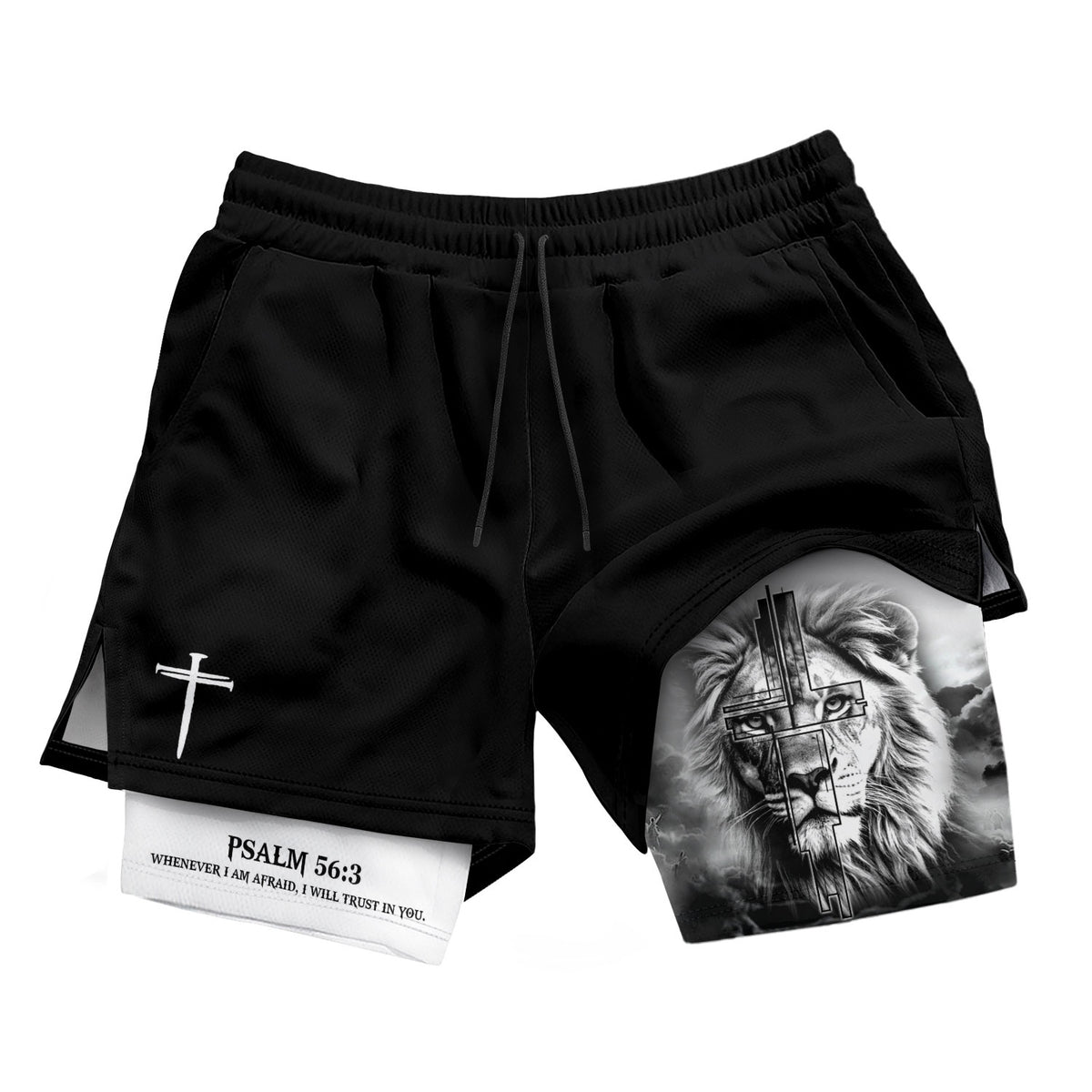 Psalm 56:3 Christian Gym Shorts for Men Trust in God Lion Cross Design - Rust Field Wear