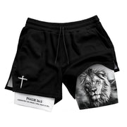 Psalm 56:3 Christian Gym Shorts for Men Trust in God Lion Cross Design - Rust Field Wear