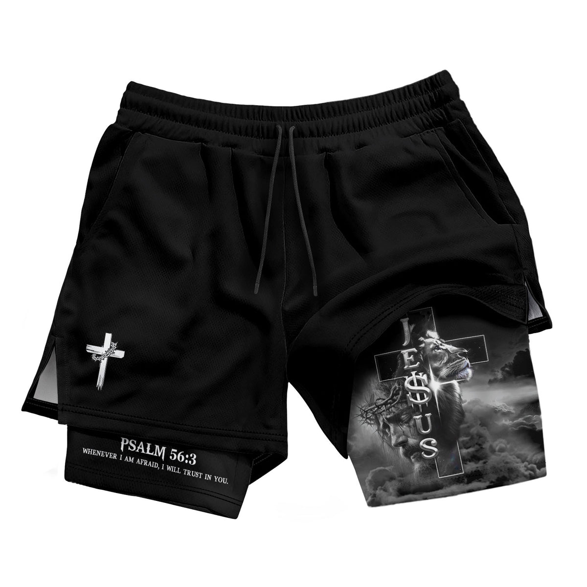 Psalm 56:3 Christian Gym Shorts for Men Jesus Cross Lion Design - Rust Field Wear