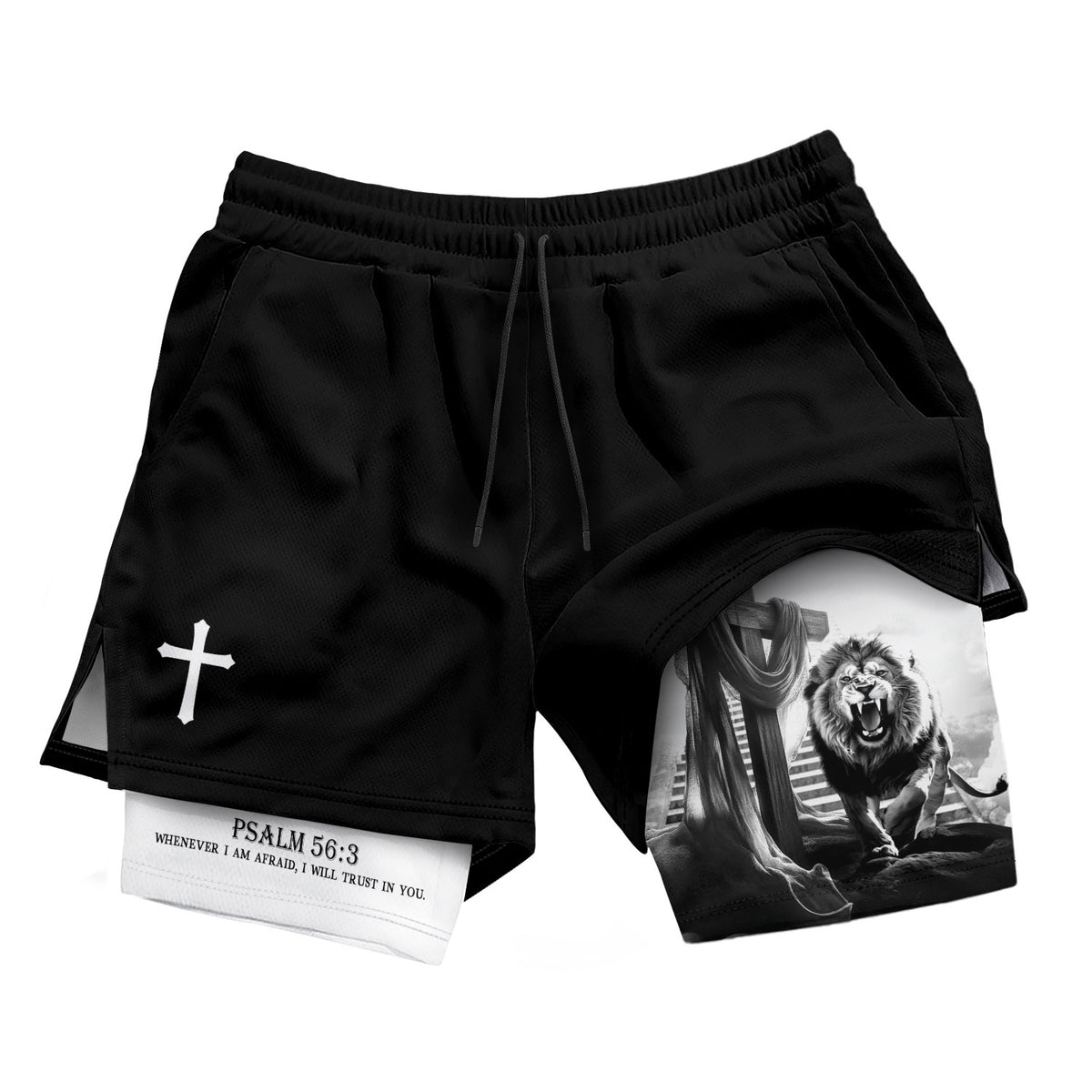 Psalm 56:3 Christian Gym Shorts for Men Lion Cross Stairway Design - Rust Field Wear
