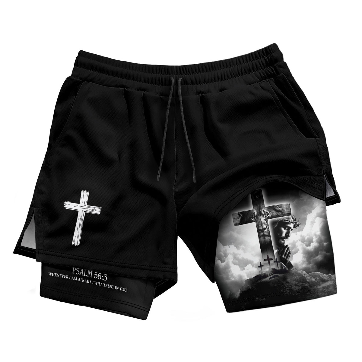 Psalm 56:3 Christian Gym Shorts for Men Jesus Cross Prayer Design - Rust Field Wear