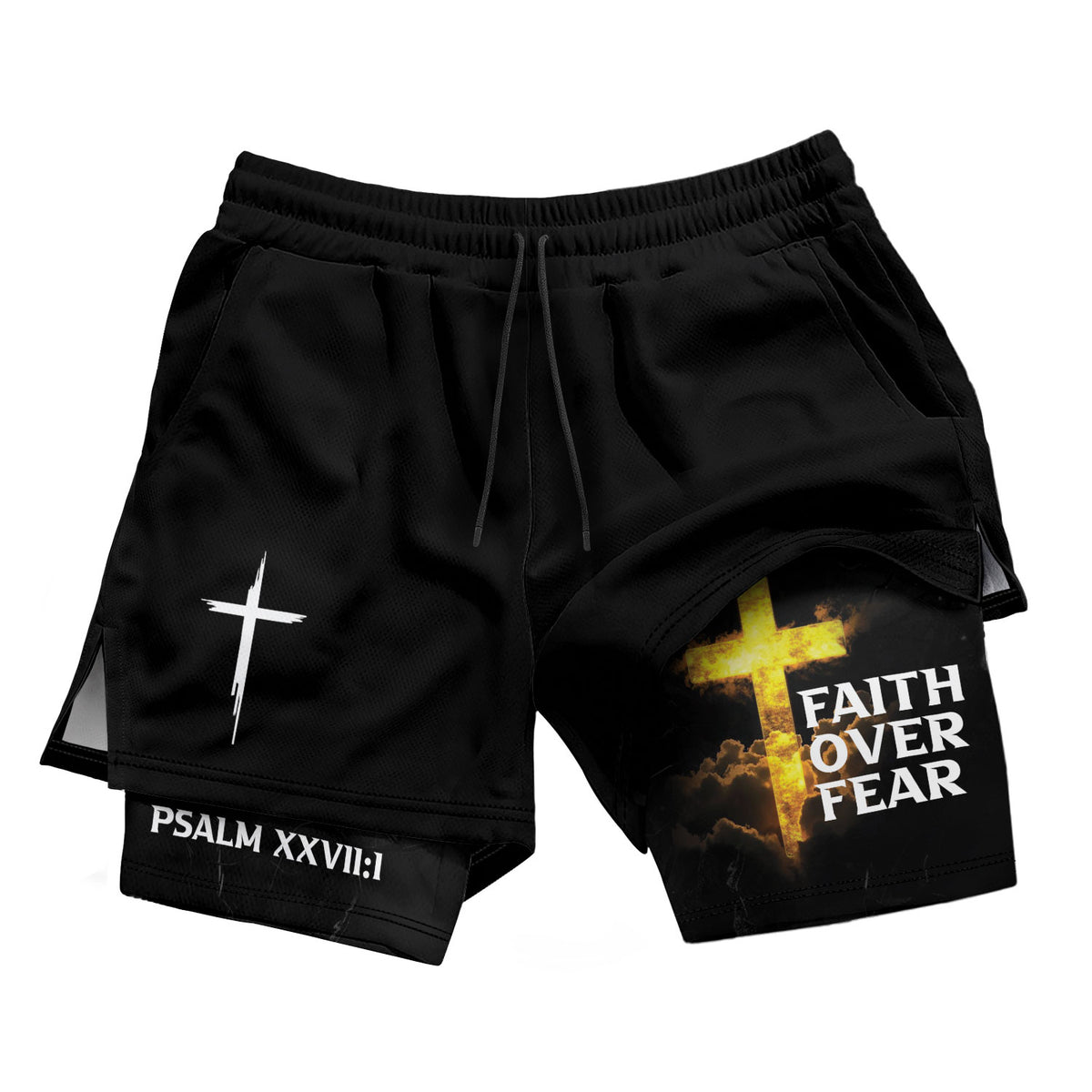 Psalm 27:1 Faith Over Fear Christian Mens Gym Shorts Bible Verse Glowing Gold Design - Rust Field Wear