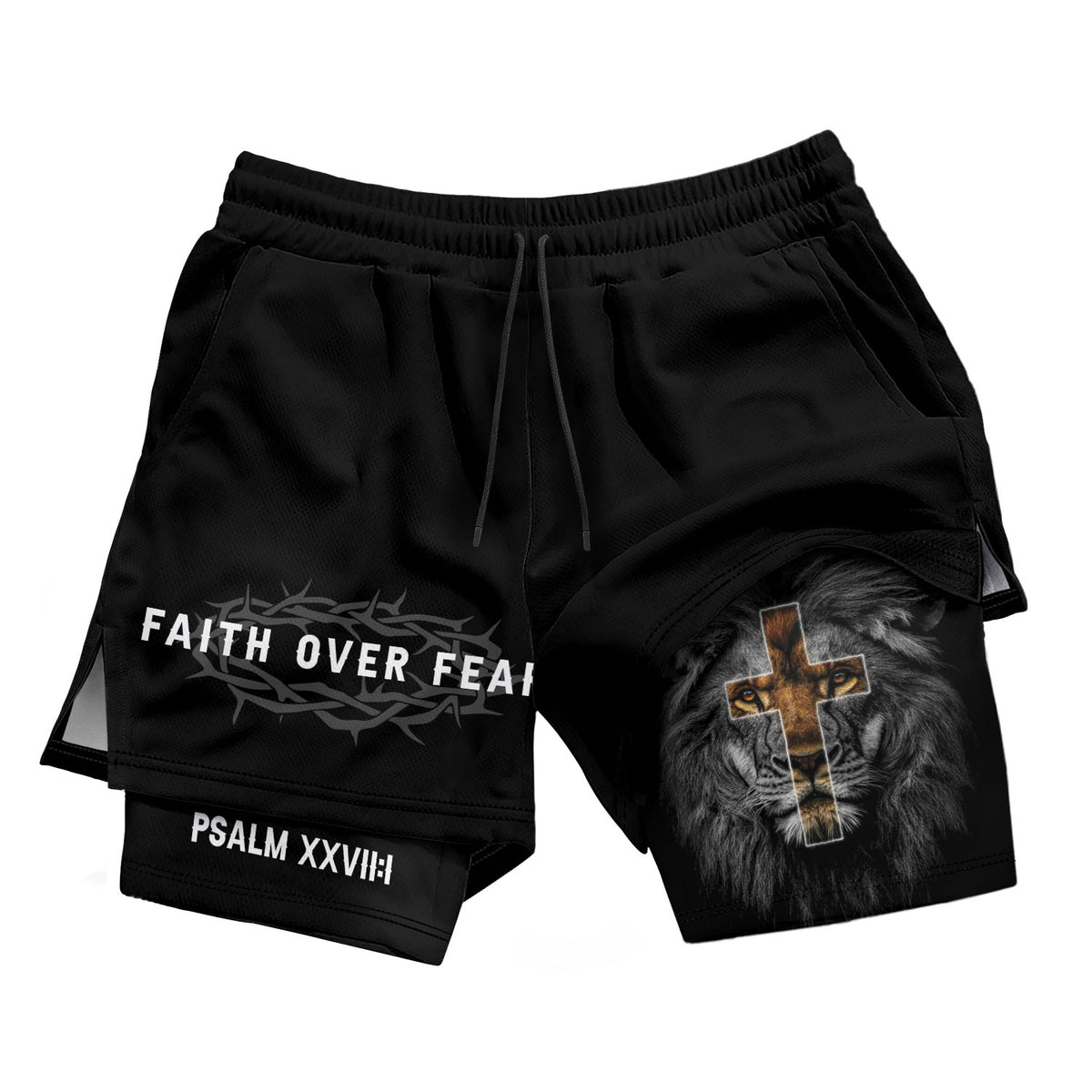 Psalm 27:1 Faith Over Fear Christian Mens Gym Shorts Brown Lion Scripture Design - Rust Field Wear