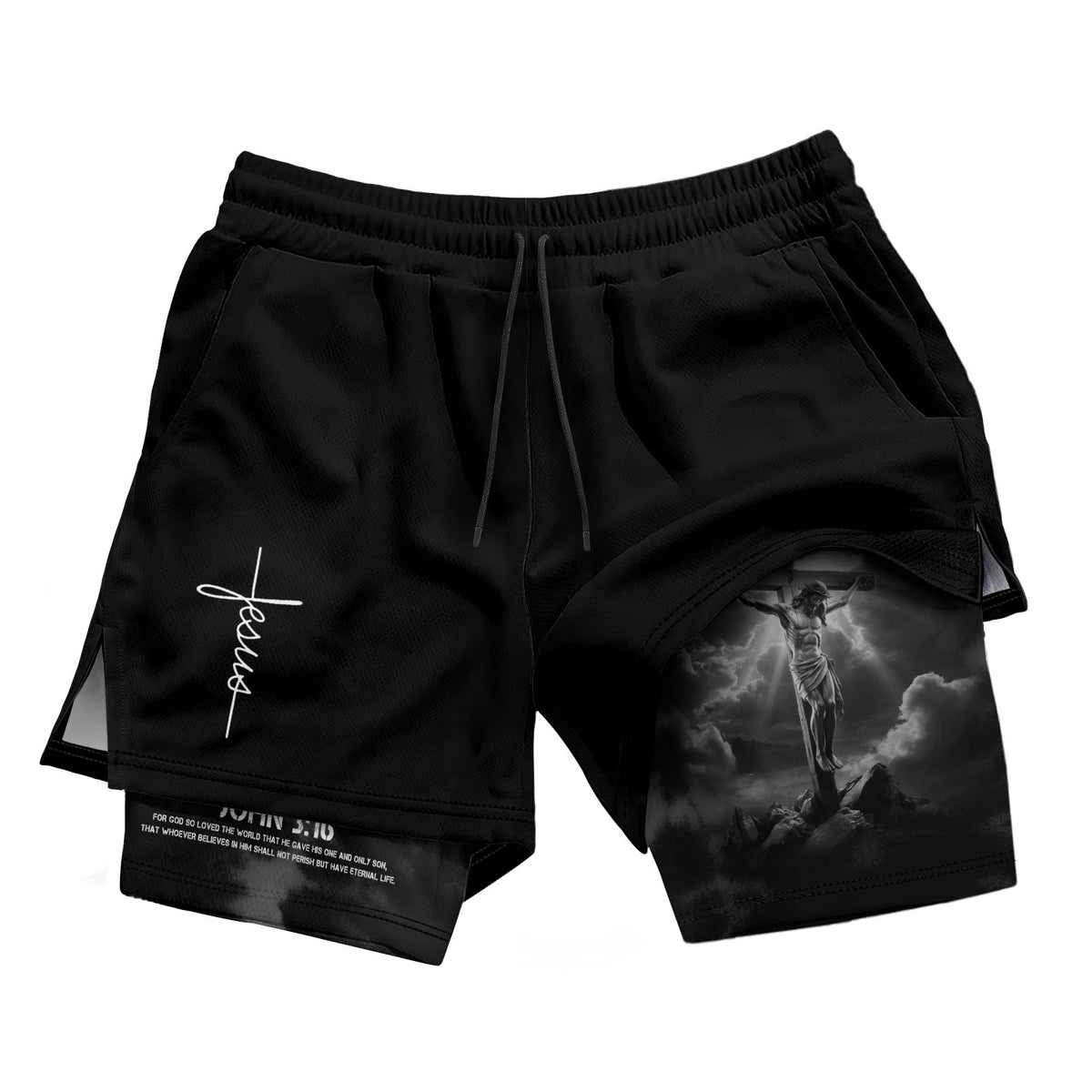 John 3:16 Christian Gym Workout Shorts Men Jesus Cross Bible Verse Religious - Rust Field Wear
