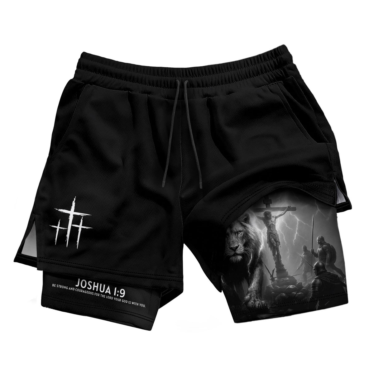 Joshua 1:9 Christian Gym Workout Shorts Men Lion Jesus Cross Bible Verse - Rust Field Wear
