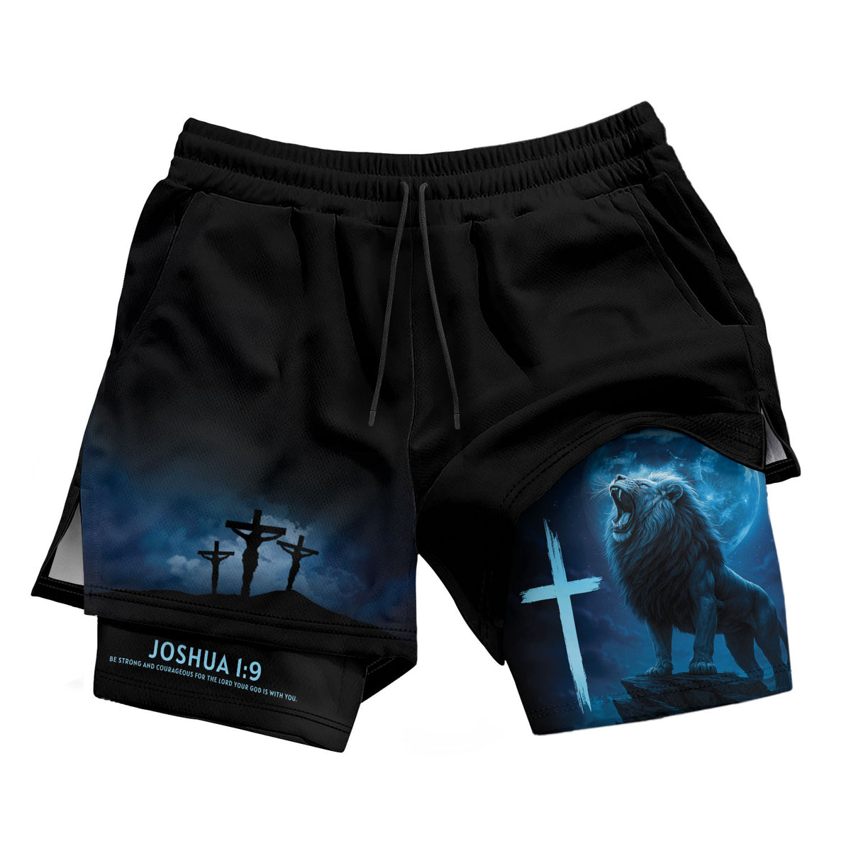 Joshua 1:9 Christian Gym Workout Shorts Men Lion Cross Bible Verse Blue - Rust Field Wear