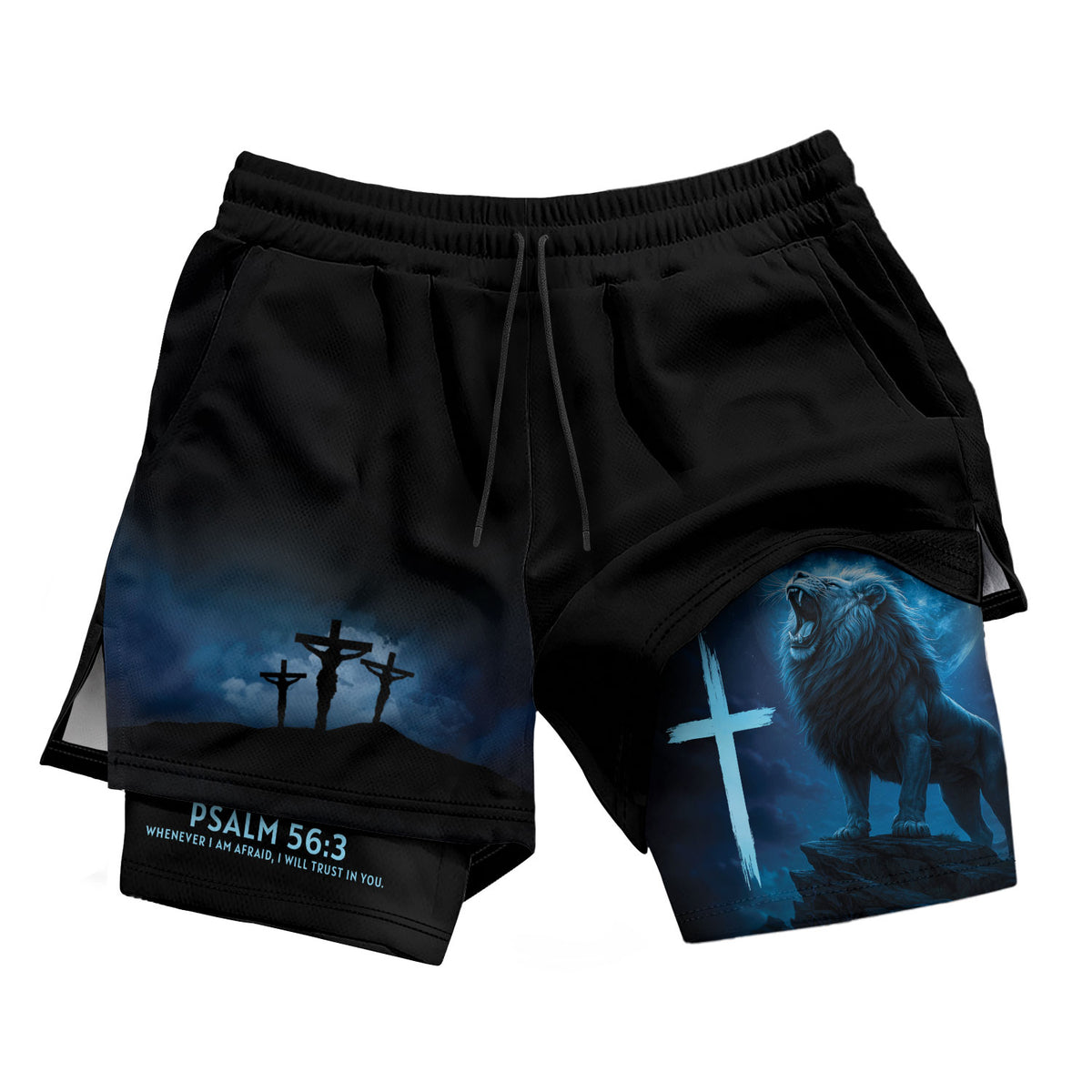 Psalm 56:3 Christian Gym Workout Shorts Men Lion Cross Bible Verse Blue - Rust Field Wear