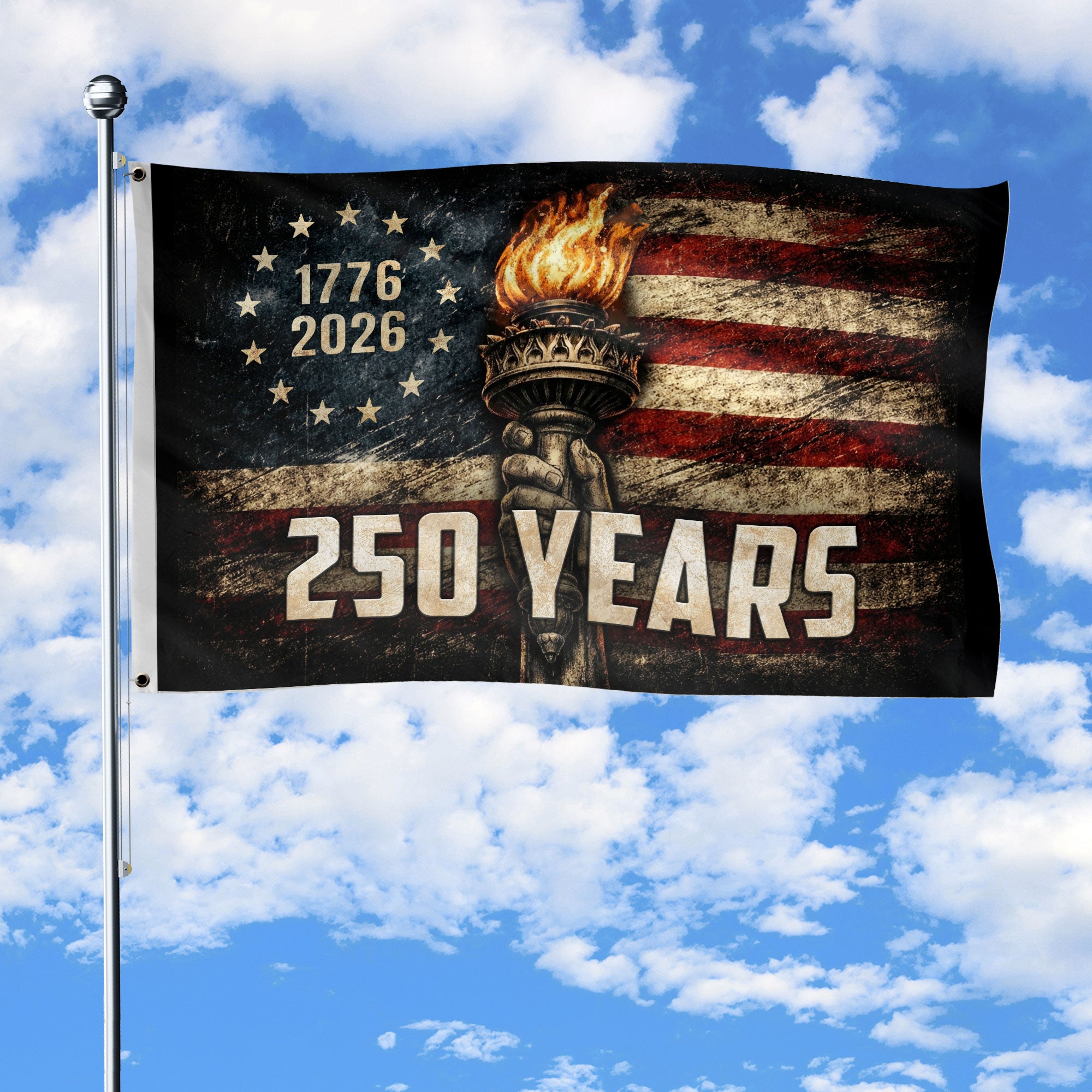 250 Years Liberty Torch Outdoor Decor Vintage American House Banner 3x5 ft - Rust Field Wear