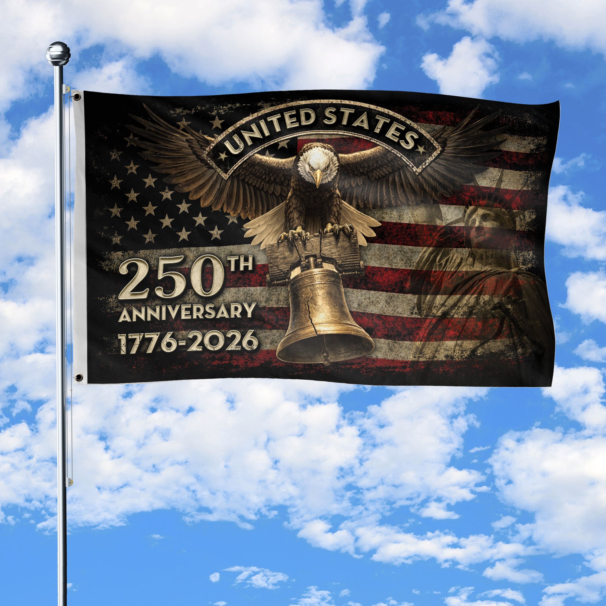 United States 250th Anniversary Flag 1776–2026 – Eagle & Liberty Bell Patriotic Décor
