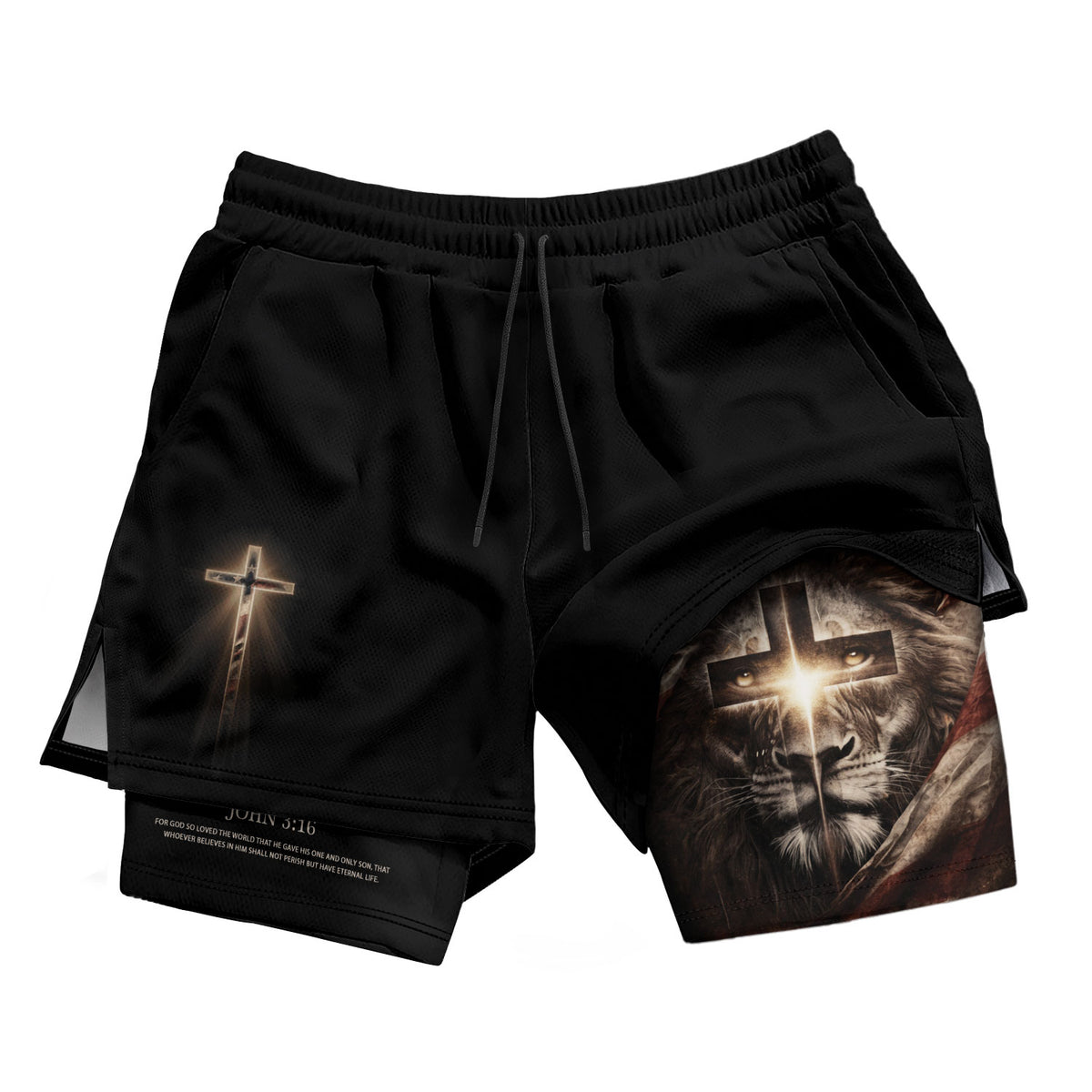John 3:16 Bible Verse Men Christian Gym Shorts Lion of Judah Training Performance Gear - Rust Field Wear