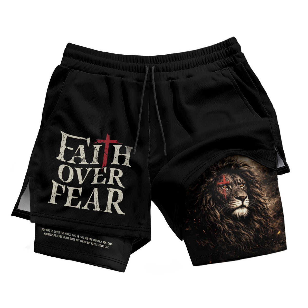 John 3:16 Bible Verse Christian Workout Shorts Men Lion of Judah Faith Over Fear Activewear - Rust Field Wear