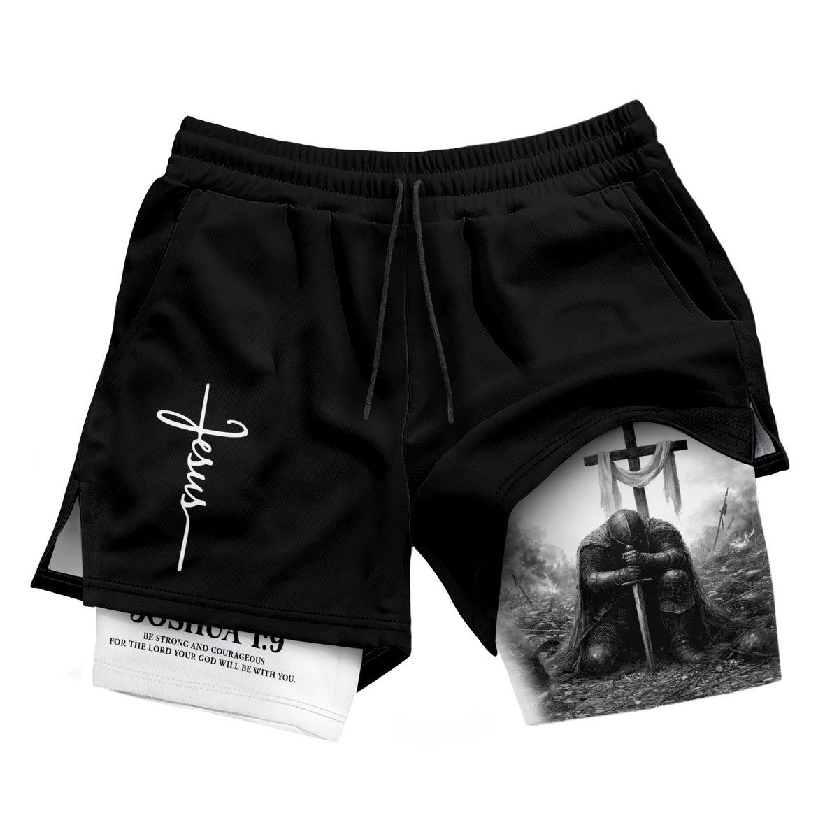 Joshua 1:9 Christian Men Gym Shorts Jesus Strong Knight Bible Training Performance Gear - Rust Field Wear
