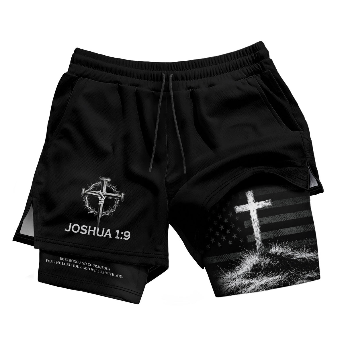 Joshua 1:9 Christian Men Gym Shorts USA Flag Strong and Courageous Athletic Activewear - Rust Field Wear