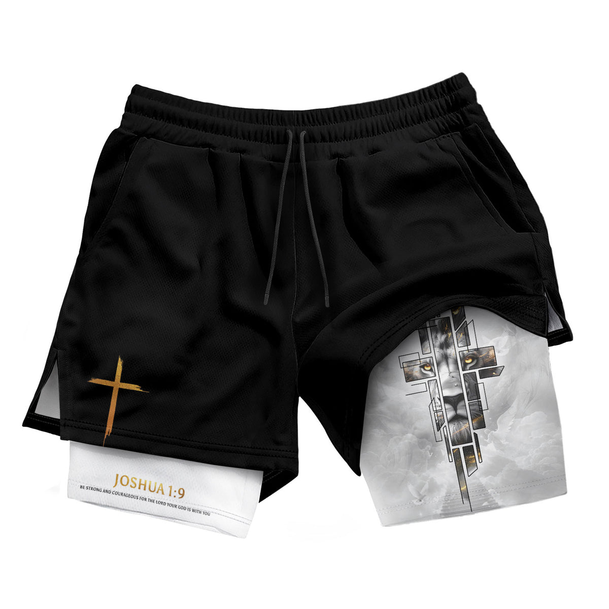 Joshua 1:9 Bible Verse Christian Men Workout Shorts Gold Lion of Judah Training Apparel - Rust Field Wear