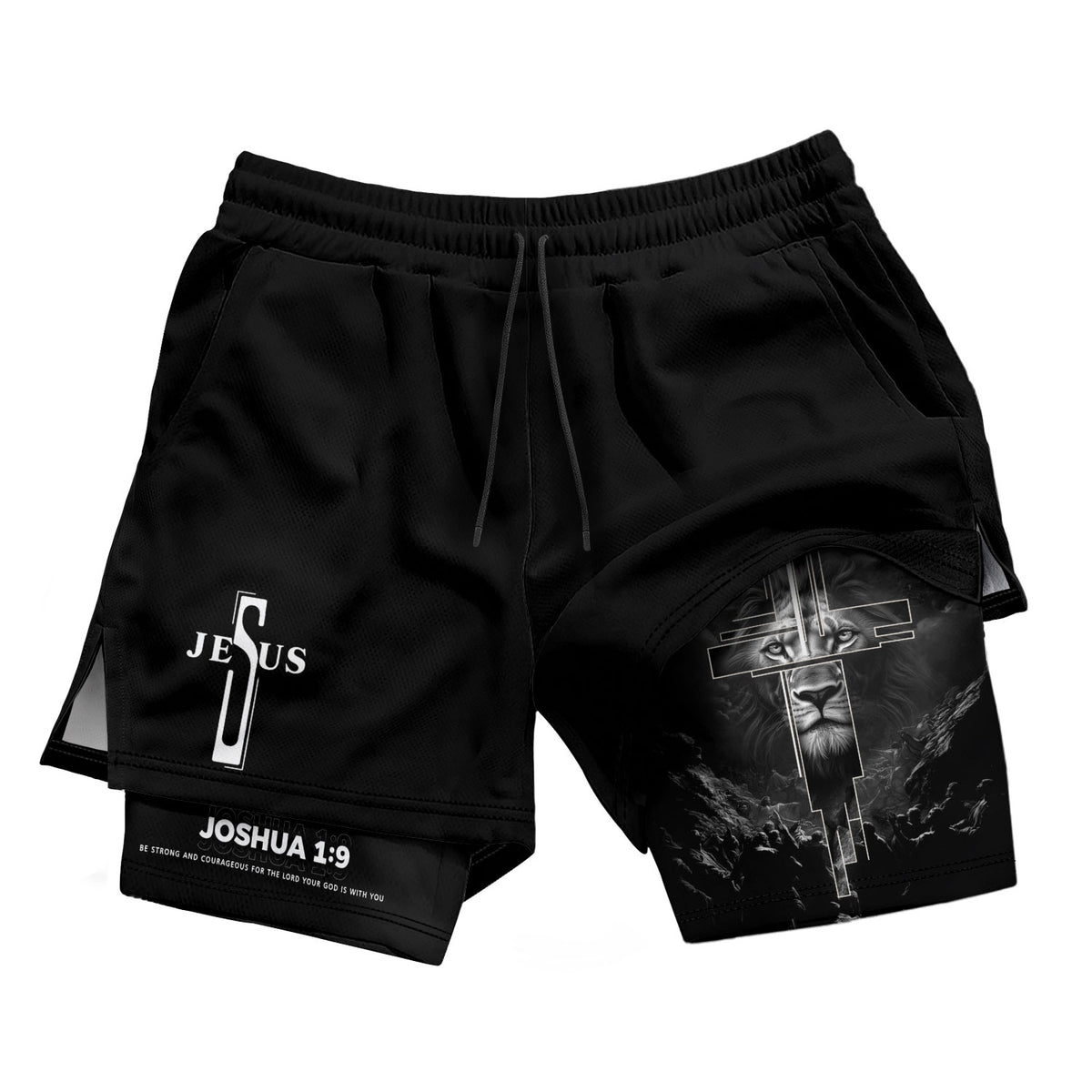 Joshua 1:9 Bible Verse Christian Men Gym Shorts Jesus Cross Nails Lion of Judah Training Activewear - Rust Field Wear