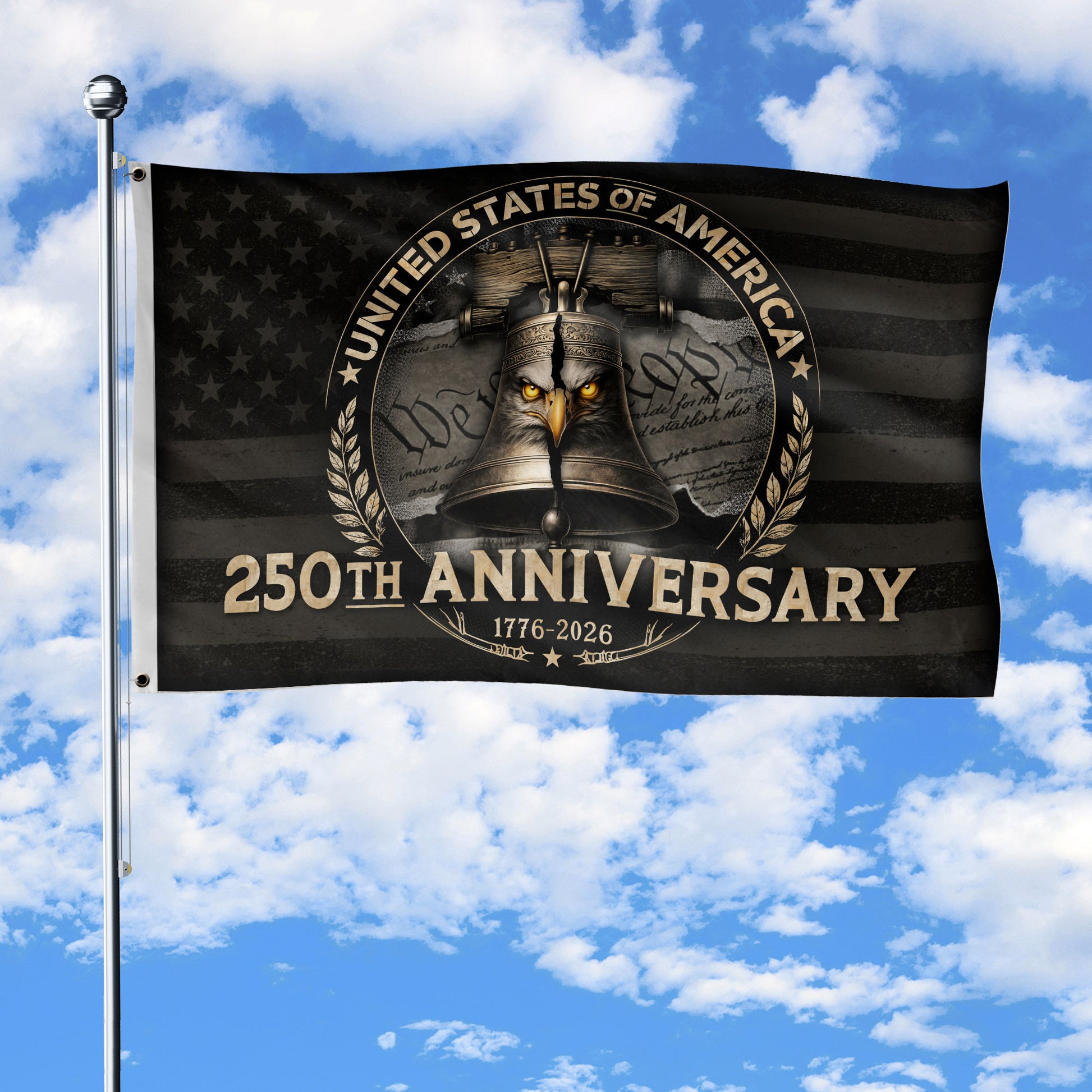 USA 250th Anniversary Flag 1776–2026 – American Flag with Liberty Bell & Eagle Design - Rust Field Wear