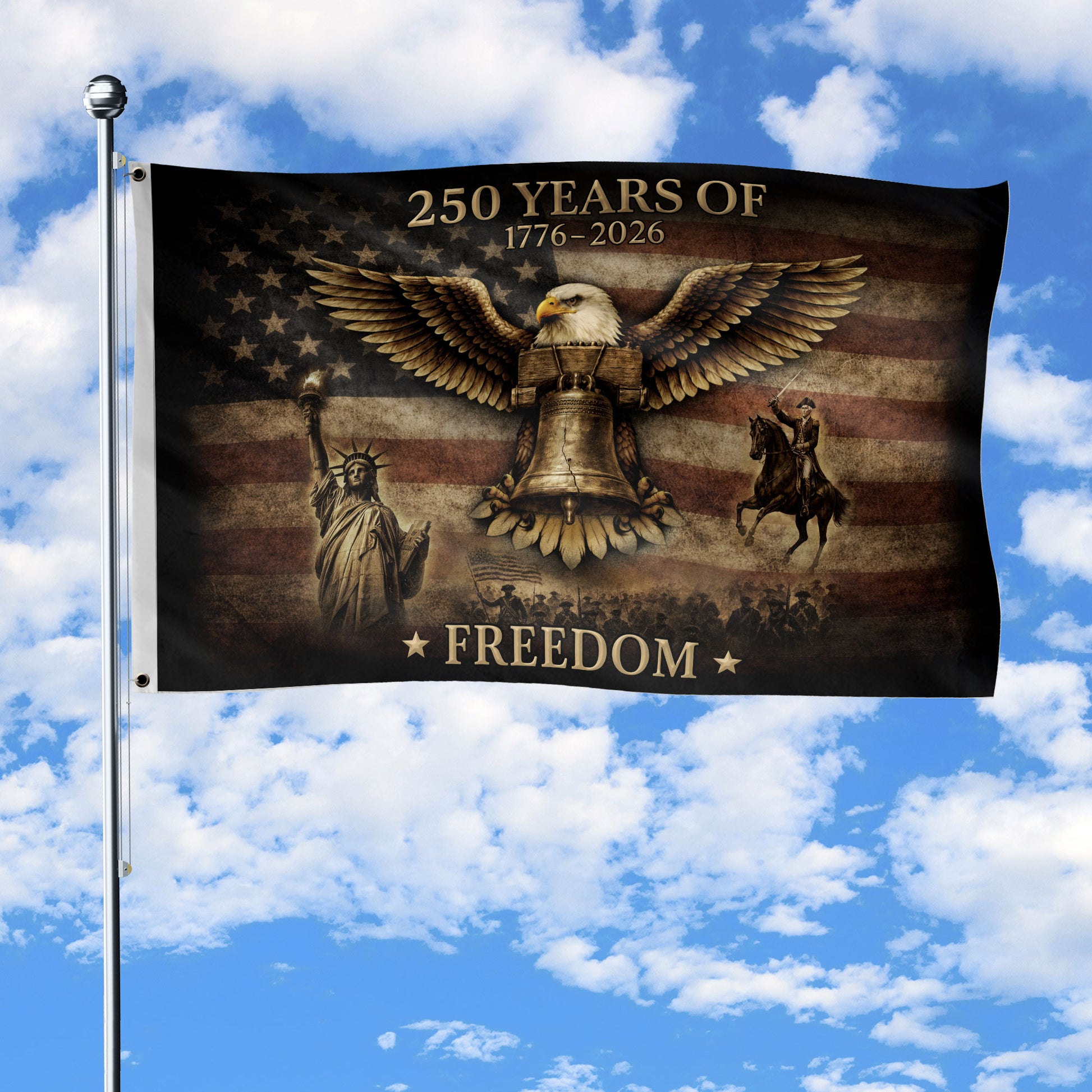 USA 250th Anniversary Flag 250 Years of Freedom 1776-2026 American Eagle Liberty Bell Patriotic - Rust Field Wear
