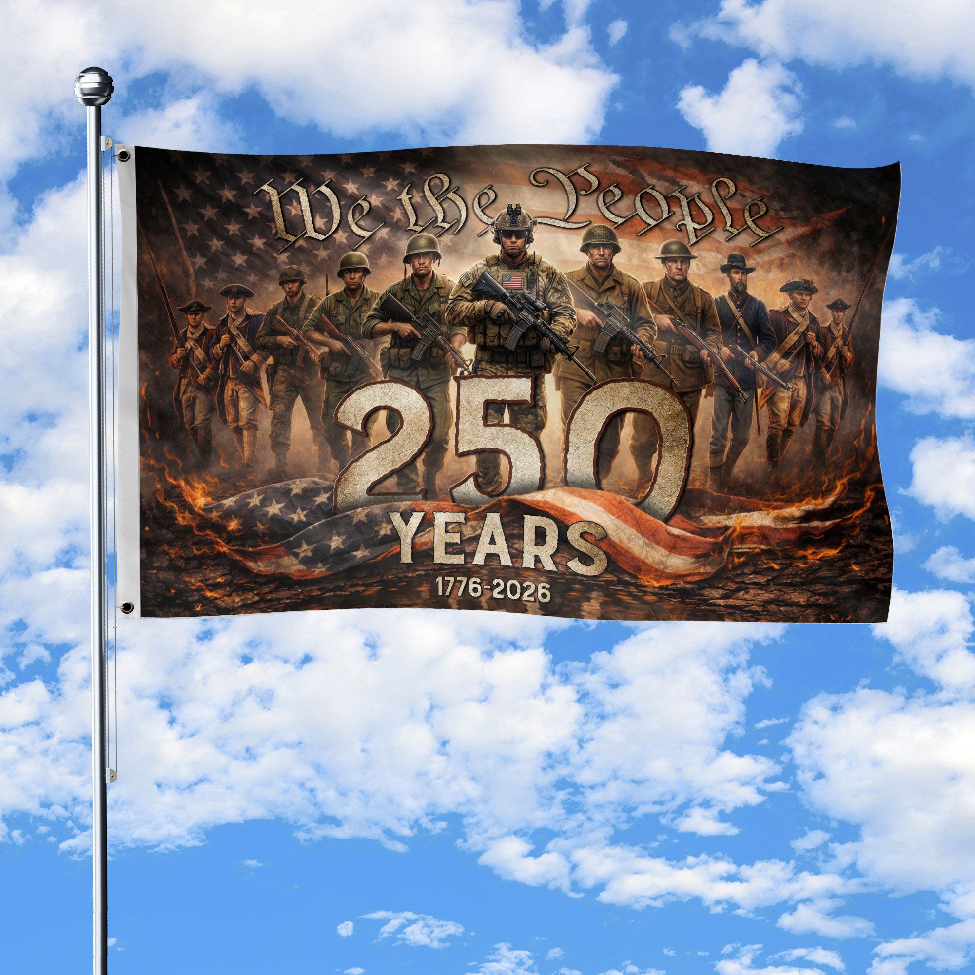 American 250th Anniversary Flag 250 Years 1776-2026 We The People Patriotic Past Present Soldiers