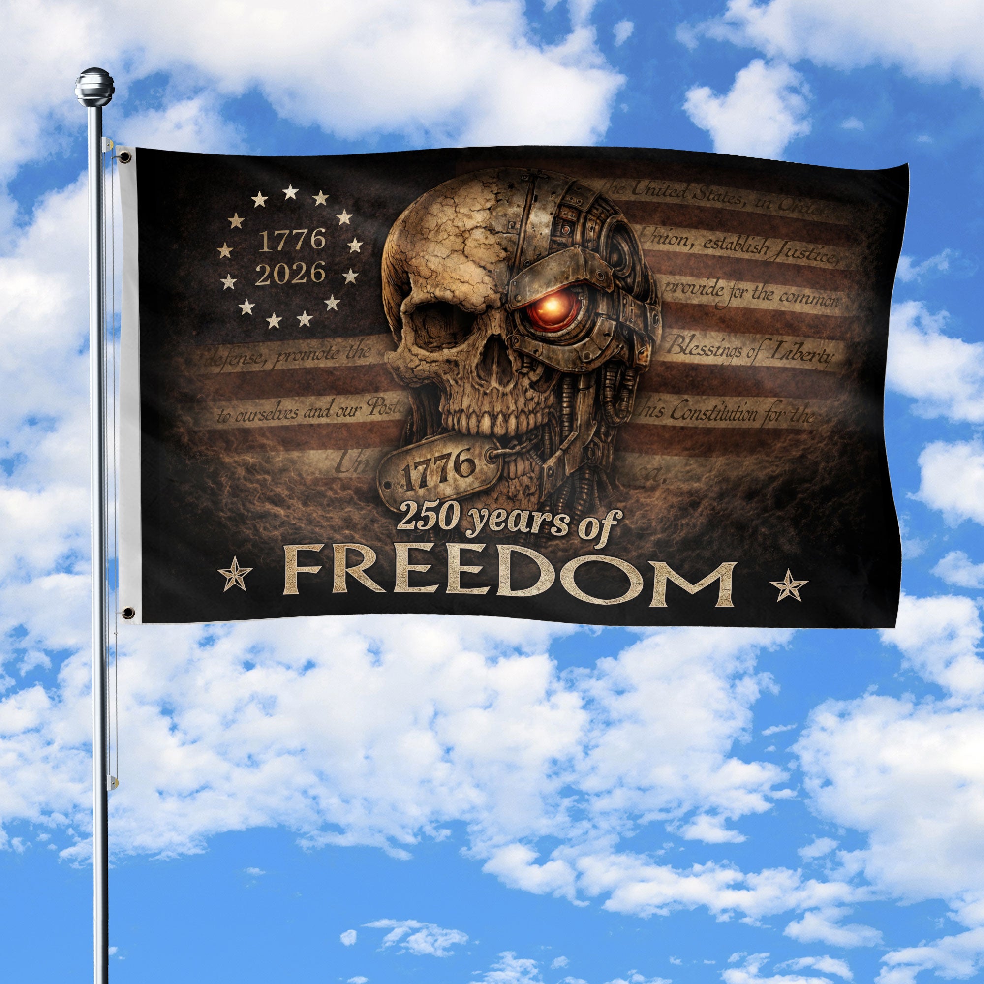 United States of 250 Years America Anniversary Flag 1776-2026 Mechanical Metal Cyber Skull Patriotic Flag