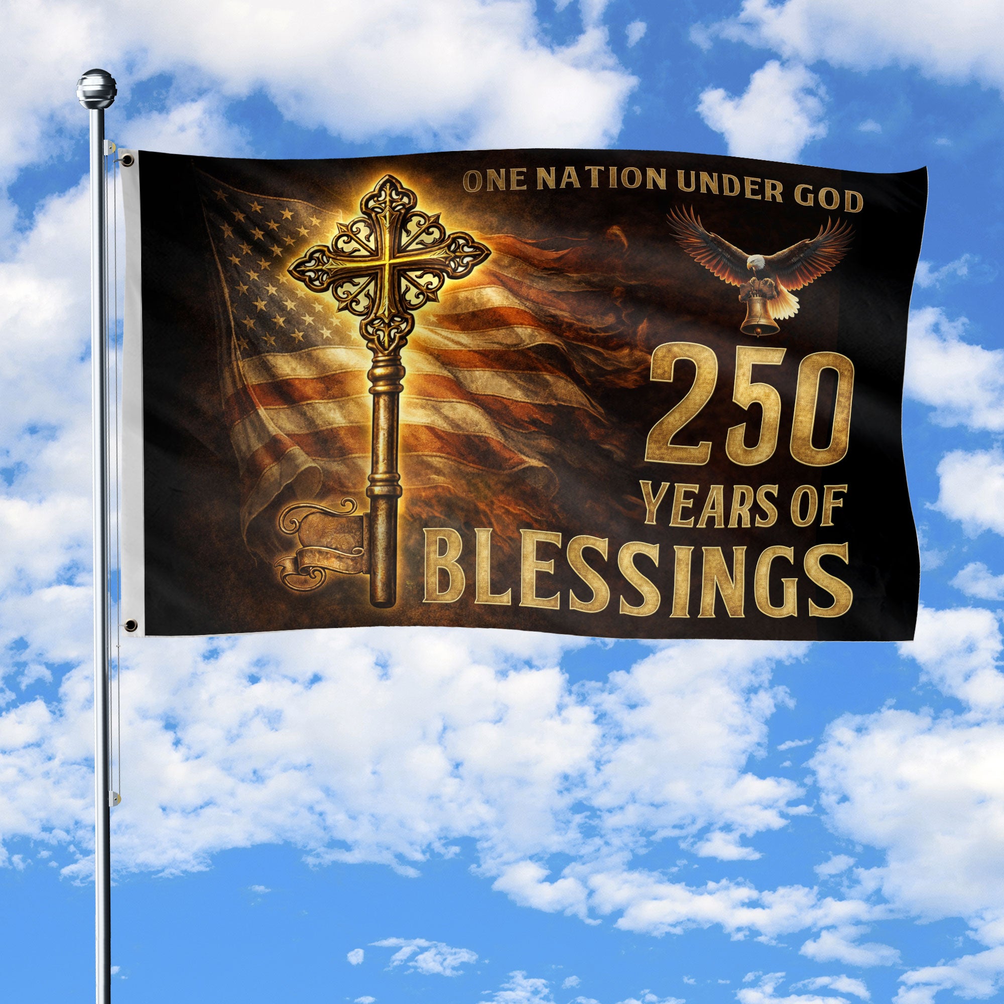 USA 250 Years of Faith Cross Flag – One Nation Under God Christian Outdoor Celebration Flag 1776–2026 - Rust Field Wear